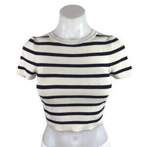 Zara Women's White Black Striped Rib Knit Short Sleeve Crop Tee T shirt Top Sz S